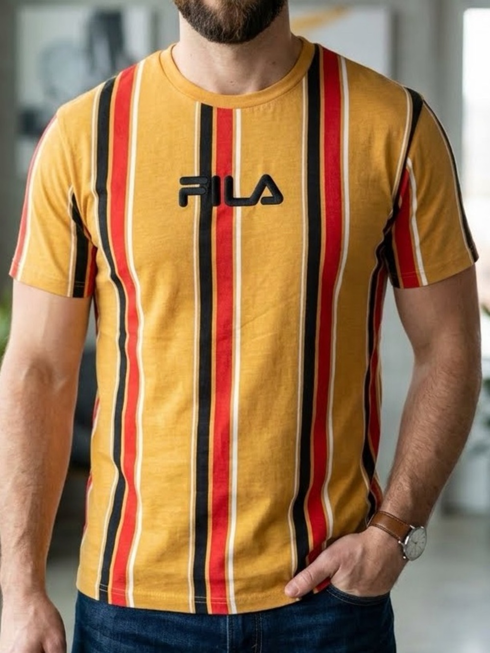 Fila Multicolor Vertical Stripe Tee in Mustard, Red & Black-Xl